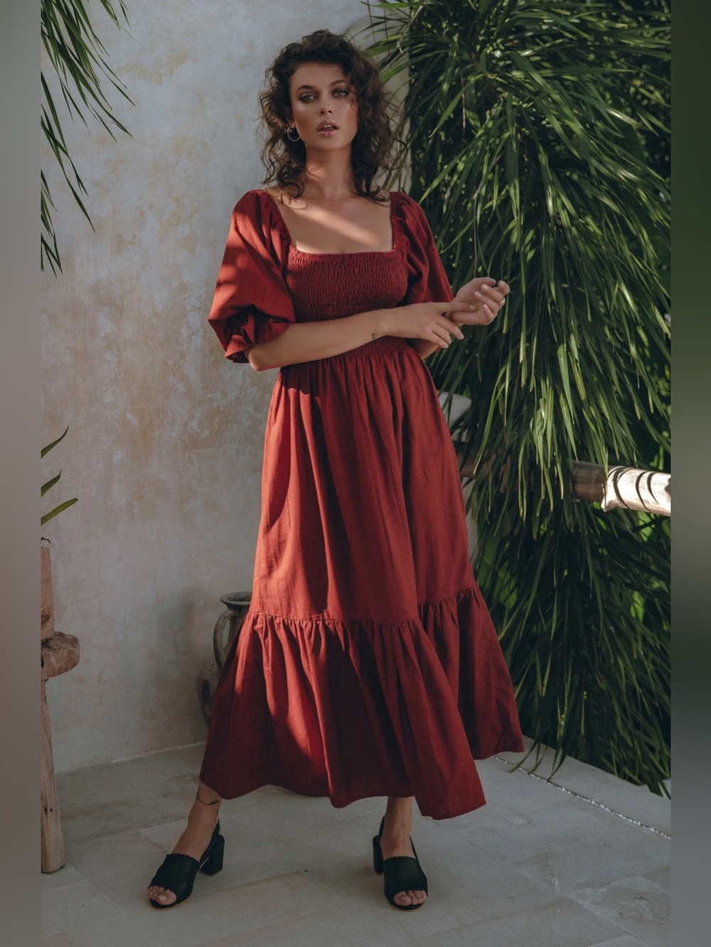 Bali Lane Almeria Smocked Midi Linen Dress Size Large Square Neck Puff Sleeves